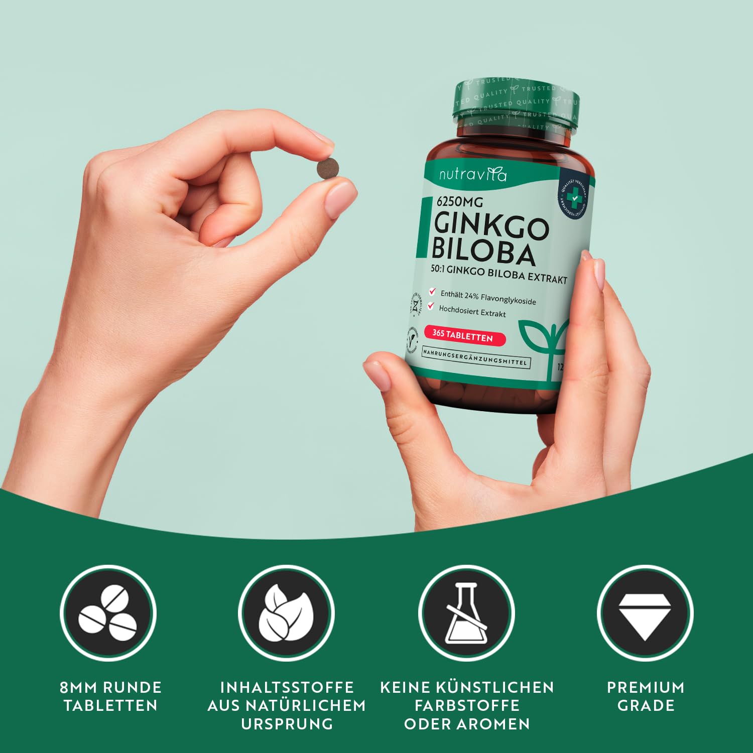 Ginkgo Biloba 6250 mg - 365 vegan Tabletten für 1 Jahr - Hochdosiert und premium Qualität Gingko - Ginko Extrakt hochkonzentriert - Extrakt 50:1 - Enthält 24% Flavonoglykoside - Nutravita