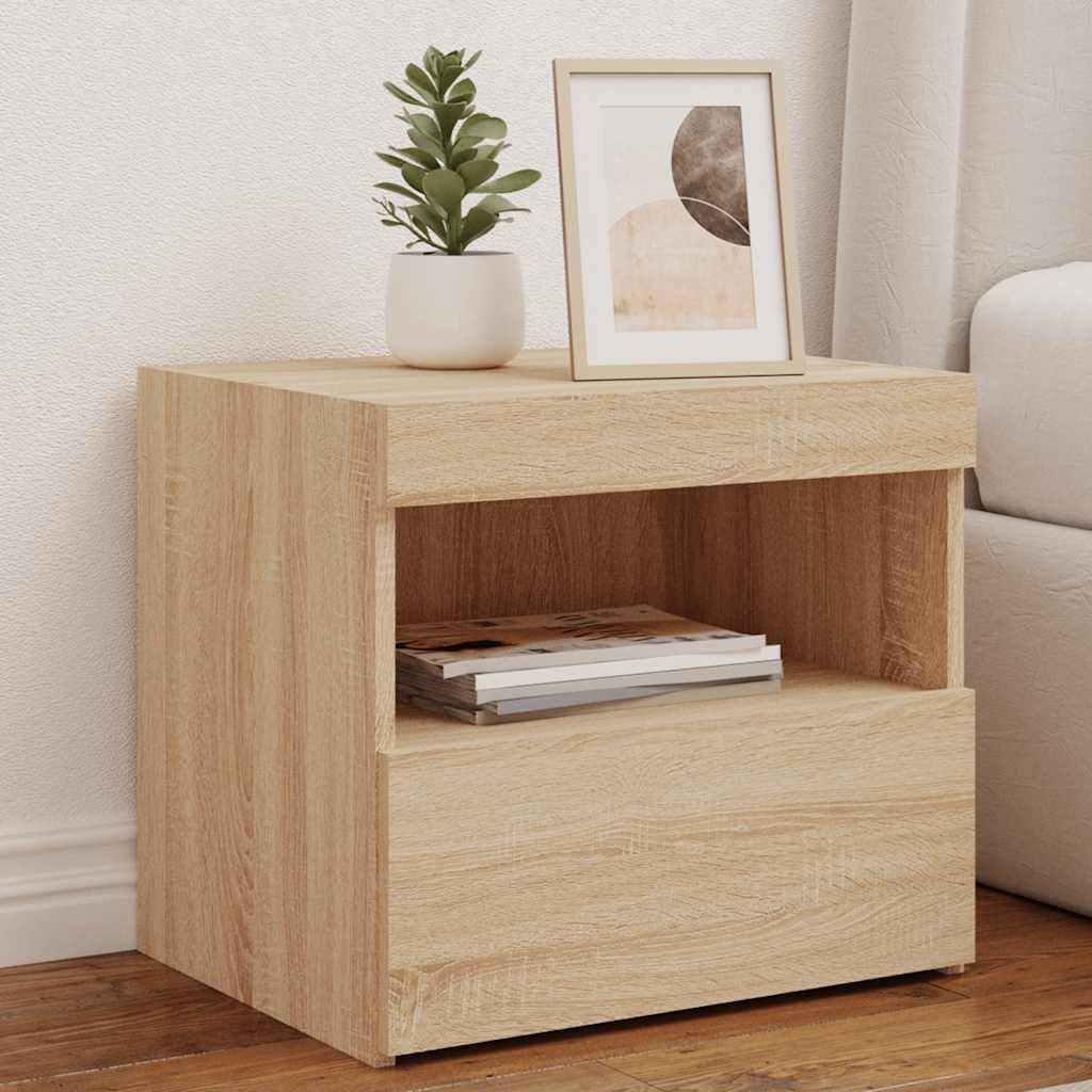vidaXL Table de Chevet avec Lumières LED, Armoire de Lit avec Rangement, Table de Nuit, Armoire de Nuit, Moderne, Chêne Sonoma Bois d'Ingénierie