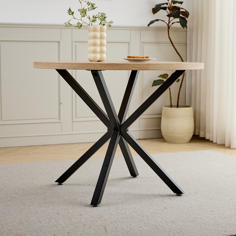 Ensemble Table de Salle à Manger Ronde et 4 Chaises, Table en MDF avec Décor Bois Clair et Pieds en Métal, Chaises Rembourrées en Lin pour Cuisine, Salle à Manger (Fini Bois Clair+Beige)