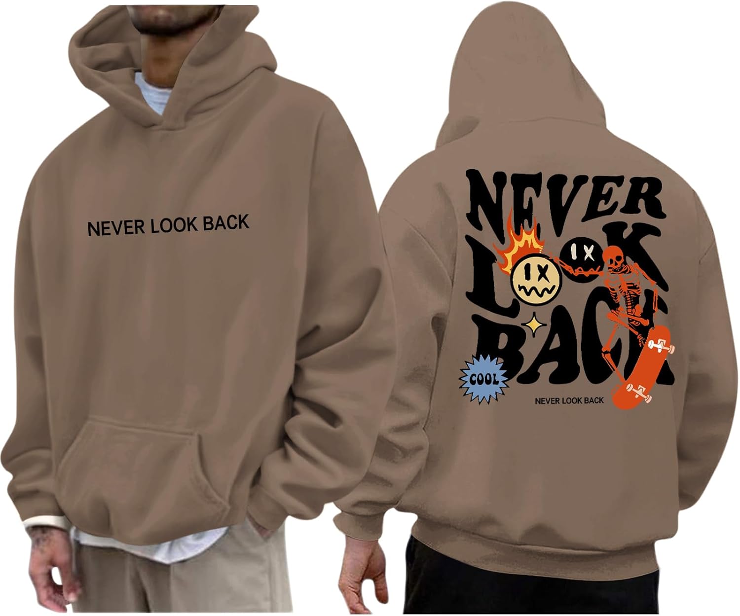 Oversized Hoodie Men Designer Streetwear Hoodies Vintage Skeleton Sweatshirt Cool Graphic Pullover Baggy Grunge Tops(Coffee,L)