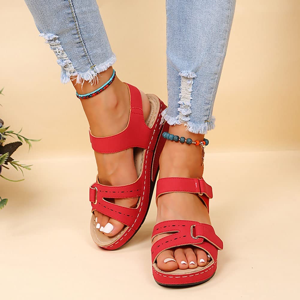 Orthopedische sandalen for dames Zomer Comfortabele Vintage PU lederen steunzoolsandalen for comfortabele orthopedische damessandalen (Color : Black, Size : 41 EU