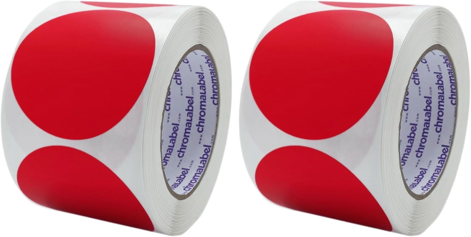 ChromaLabel 3 Inch Removable Round Sticker Labels, Easy to Write On Labels - 500 Sticky Dots per Roll, Matte Finish Fluorescent Green, Fluorescent Yellow, Fluorescent Pink, and Red Dot Stickers