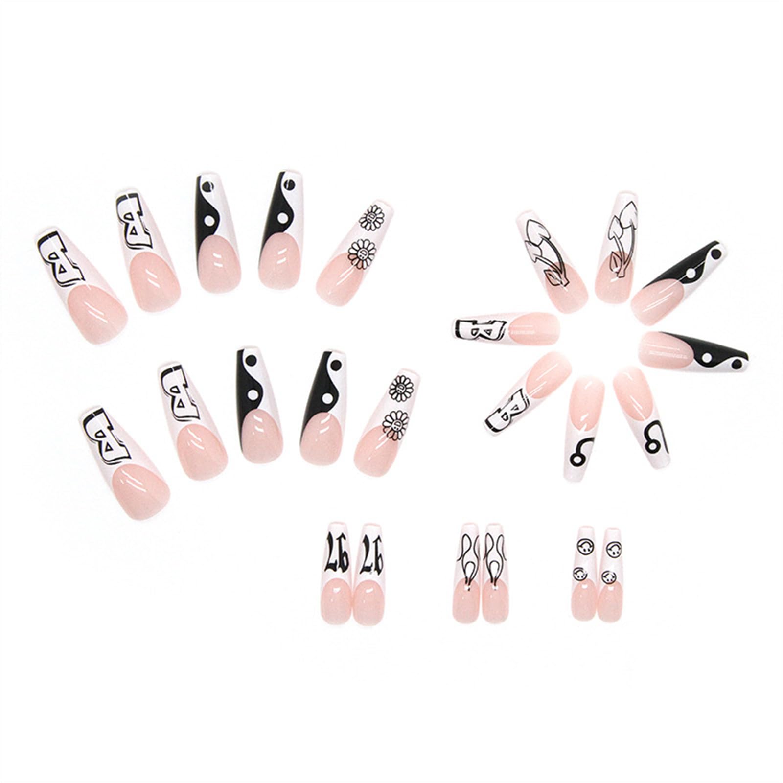French Almond Fake Nails,Cute Acrylic Nails,Fake Nails with Pentagram,Nude Ladies Artificial Nails 24 pcs: Black and White Collocation