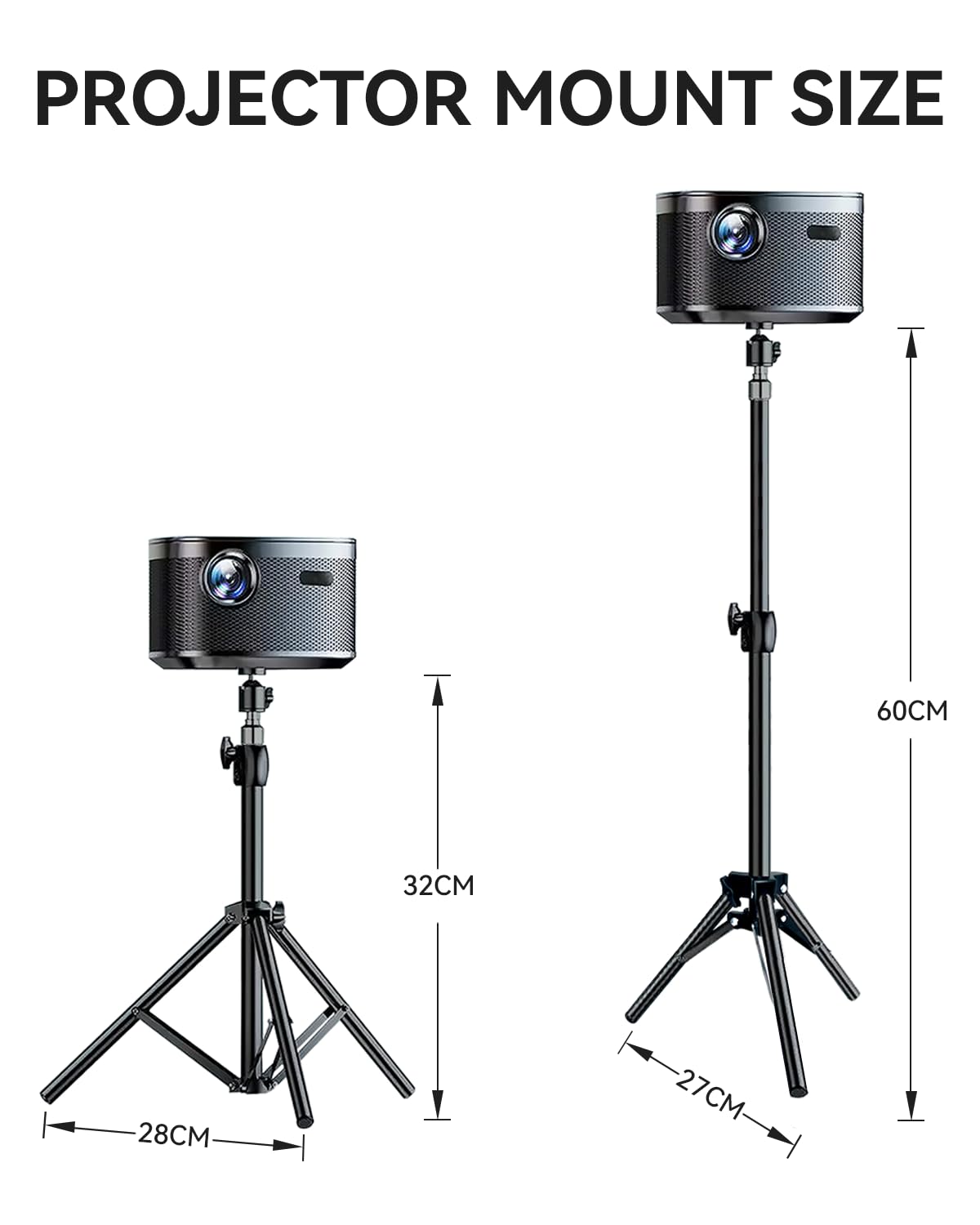 Support pour Projecteur avec Trépied 32-60cm, Rotule Pivotante 360°, Filetage 1/4", Noir