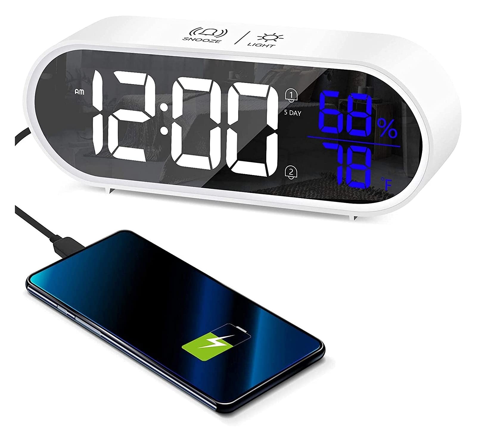 WTL Budzik cyfrowy budzik oprócz zasilania sieciowego, budzik LED z dużym wyświetlaczem temperatury, podwójne budziki z portem ładowania USB, 40 alarmów muzycznych 5 jasności, ściemniacz, zegary drzemkowe dla