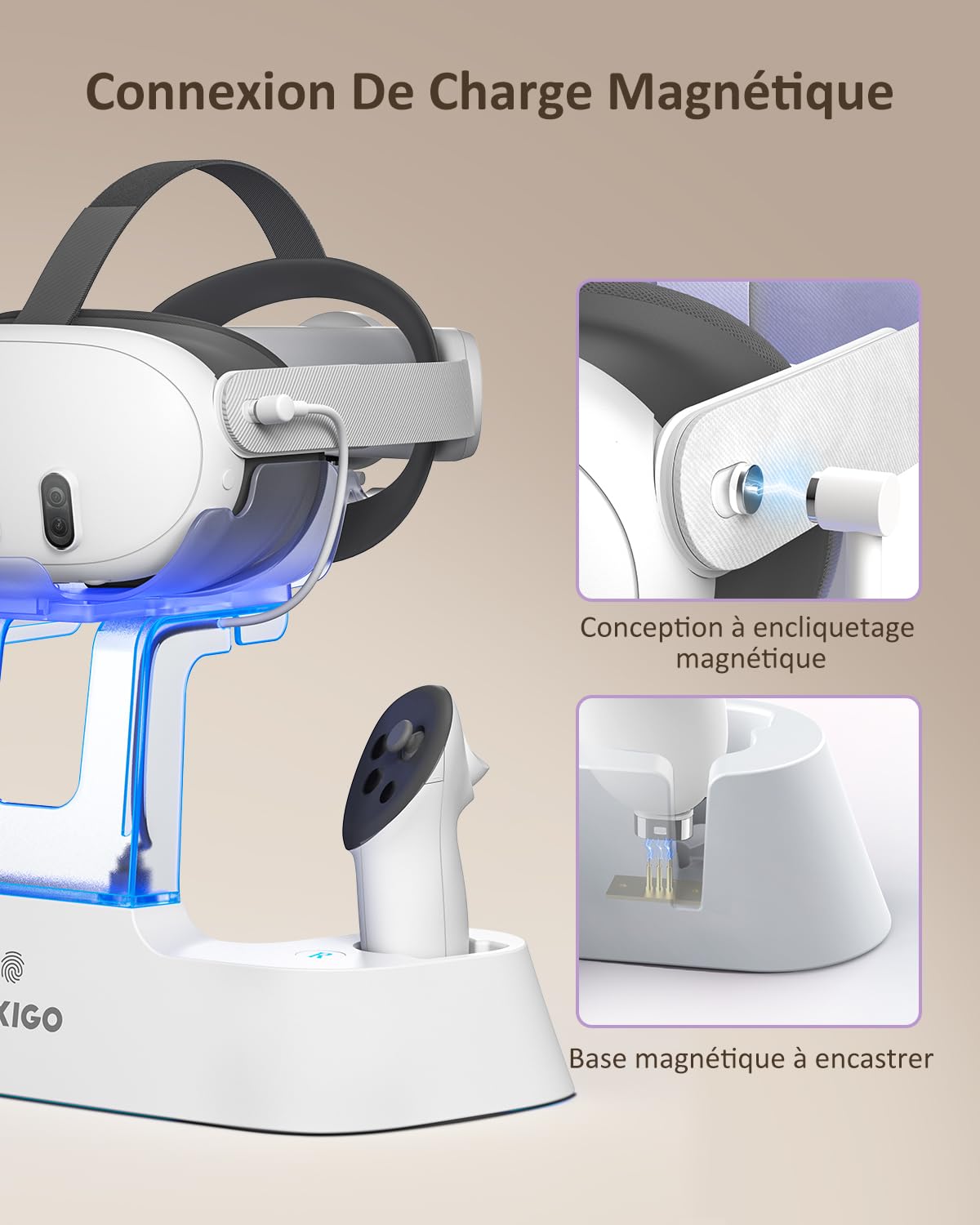 NexiGo Dock de Charge Amélioré avec Lumière LED [on/Off] pour Oculus Quest 3, Support d'Élite avec Batterie, Support de Casque et Manette, Batteries Rechargeables, Blanc