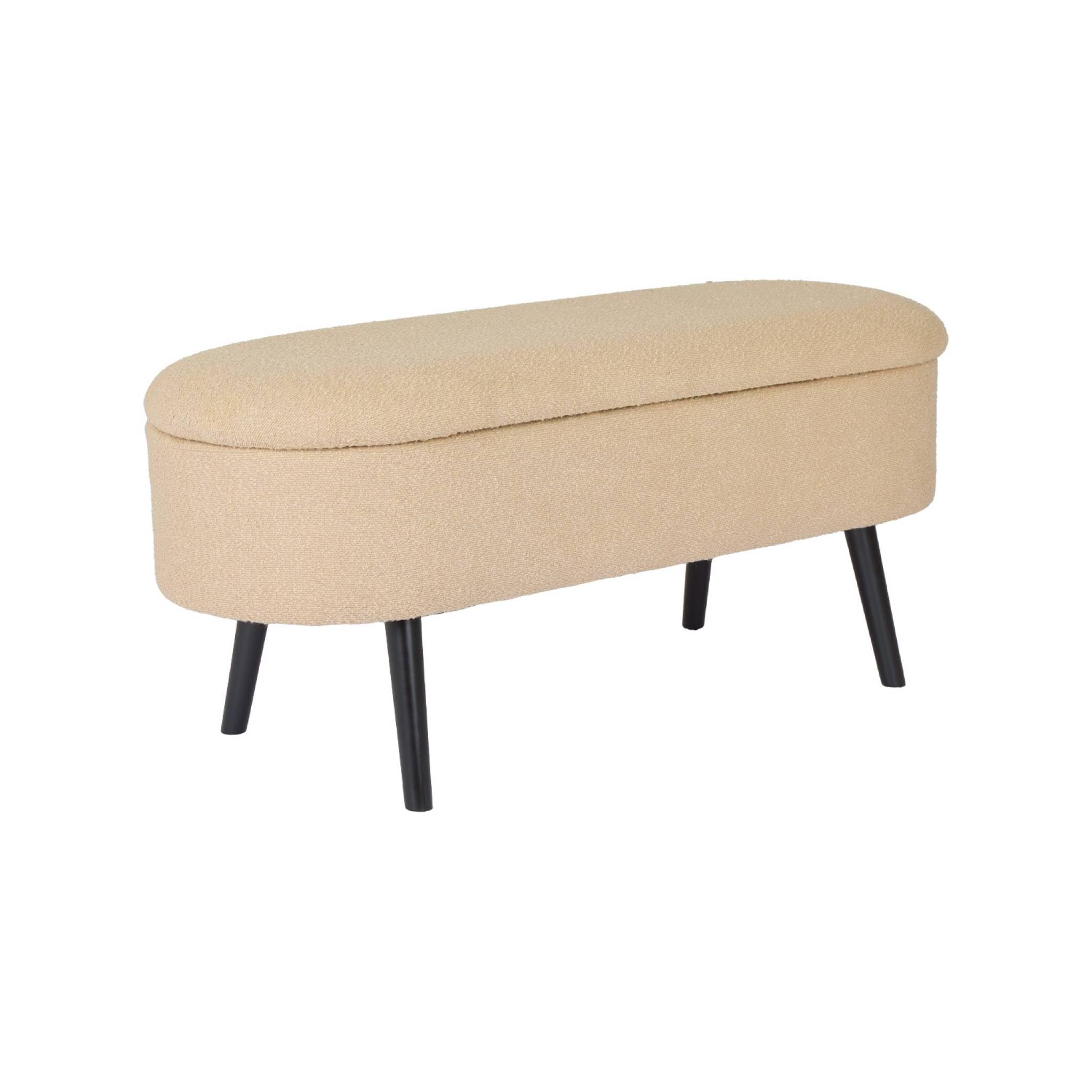 sweeek - Banc Coffre. Bout de lit avec revêtement Bouclette texturée. Beige. Pieds en Bois Noir. L 112 x 44 x 50cm