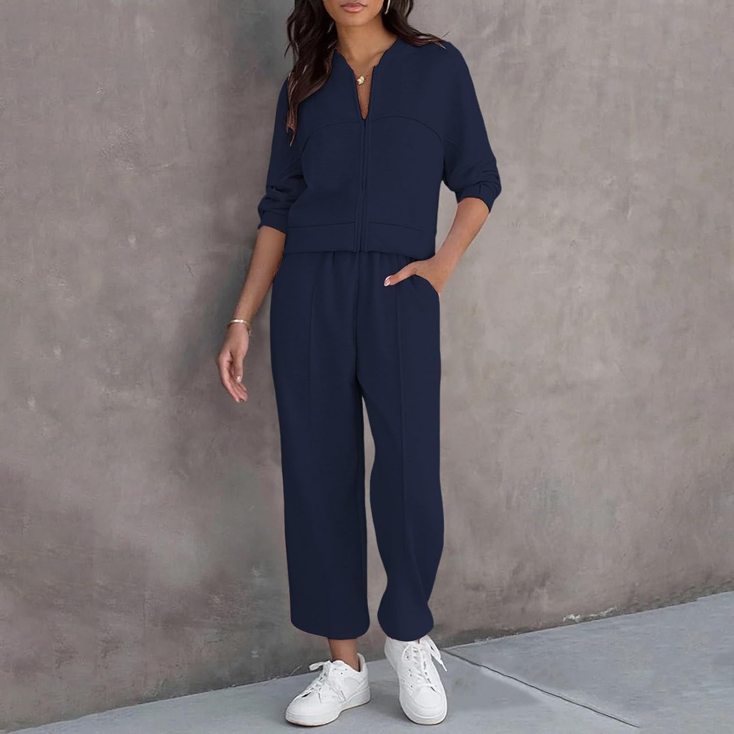 Women's 2 Piece Outfits Lounge Cropped Zip Up Long Sleeve Jacket Wide Leg Pants Tracksuit Leisure Matching Sets with Pocket
