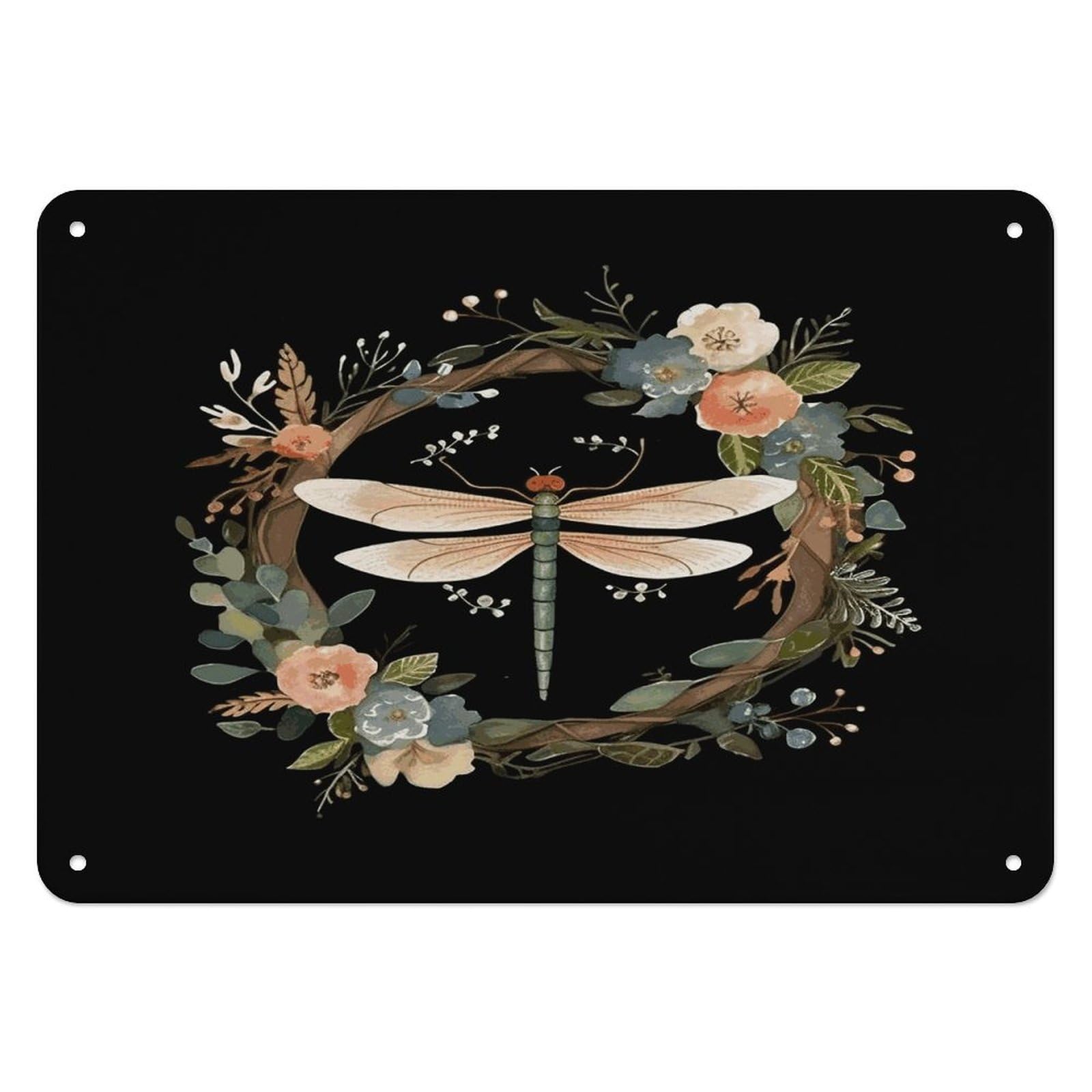 Btcowzrv Style Image Of Dragonfly In Wreath Metal Sign, 5.5" X 7.9" Tin Wall Decor, Wall Art Plaques For Home Wedding Decor Room Living Room Decoration