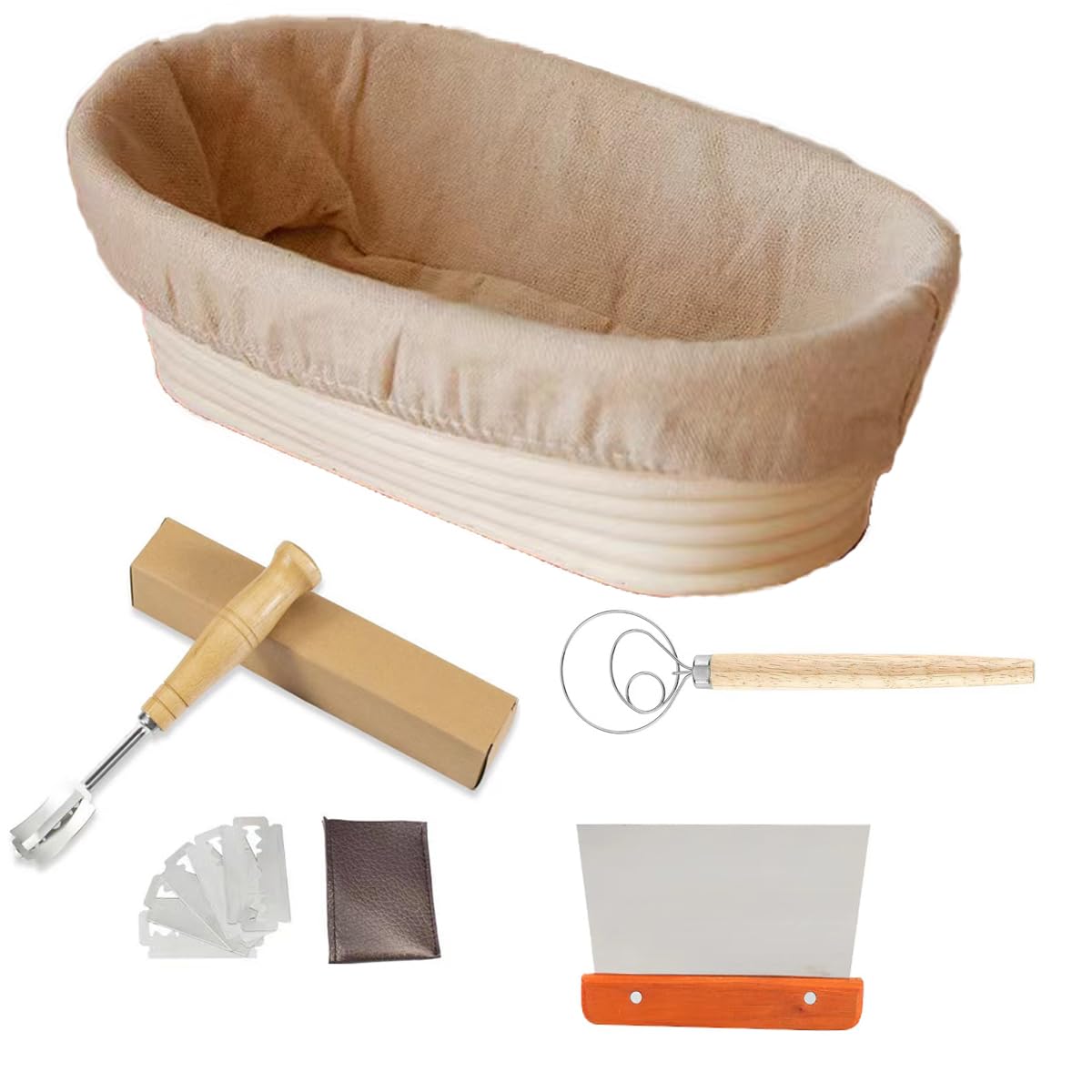 Jetaine Brown Banneton Sourdough Bread Proofing Basket Starter Set, 25Cm Oval Bread Basket With Danish Dough Whisk, Bread Scoring Lame, Stainless Steel Dough Scraper Kit For Sourdough Baking Making Gift