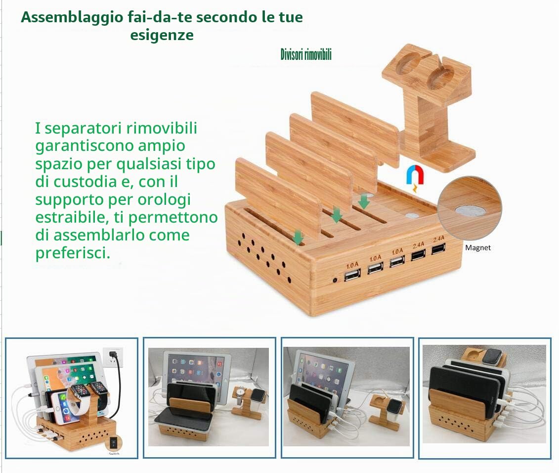 Yisen - Stazione di ricarica USB in legno di bambù, universale phone and tablet
