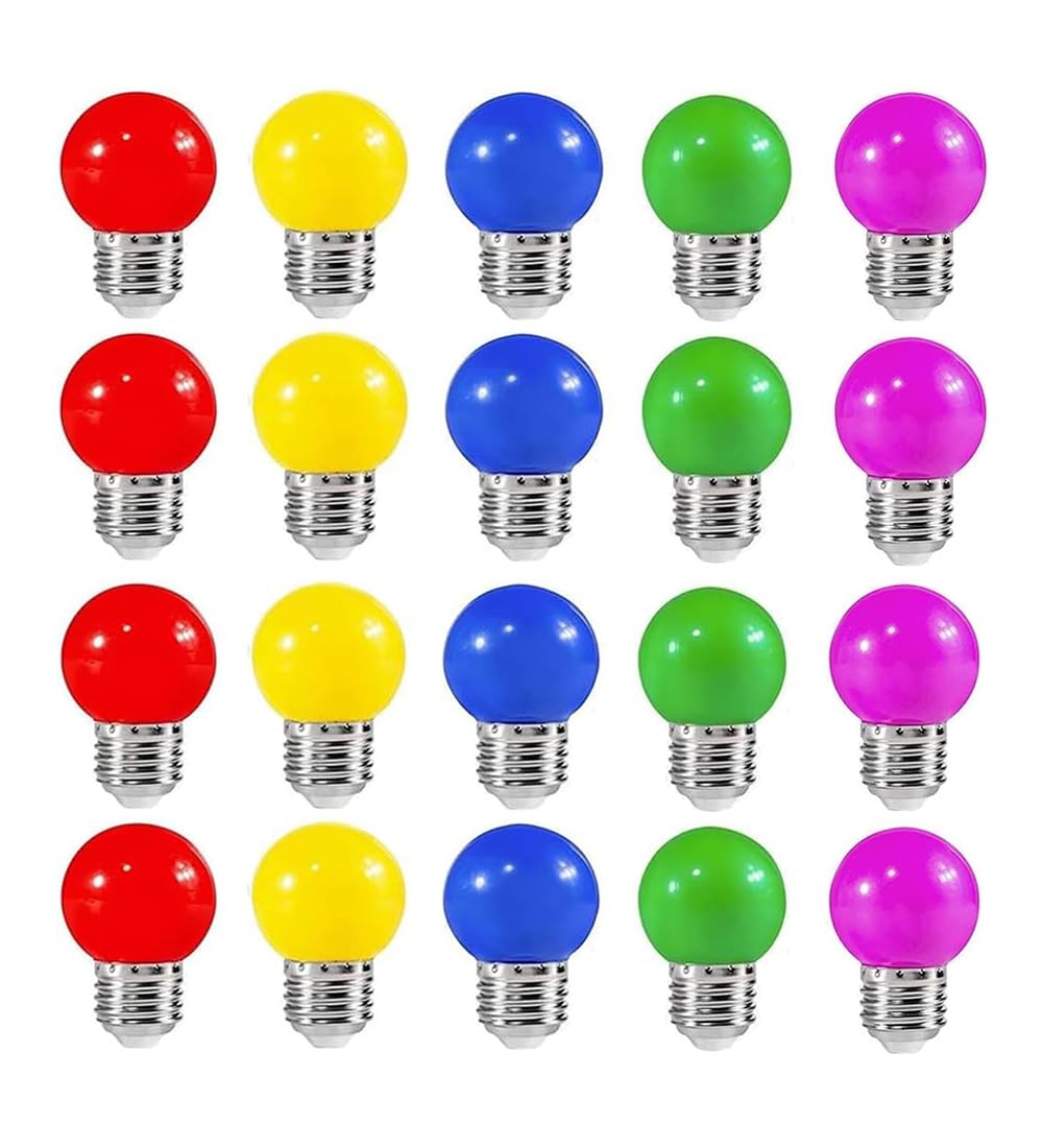 ZFQ 20 Pack Colored Bulbs 2W E27 G45 Lighting Bulbs,LED Coloured Golf Ball Mini Bulb Lamp,Mixed Colours Red Yellow Green Blue Purple