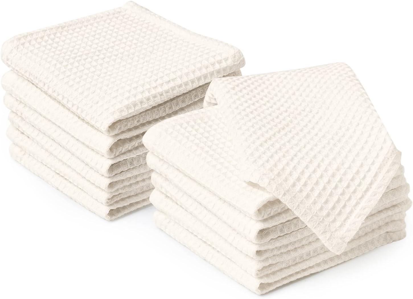 Encasa XO Kitchen Dish Towels Set | Natural | Waffle Weave and Flat Hand Tea Towel | 30x30 cm | Quick Drying Reusable Cotton Washcloths | Multipurpose Lightweight Dishcloths Set of 12
