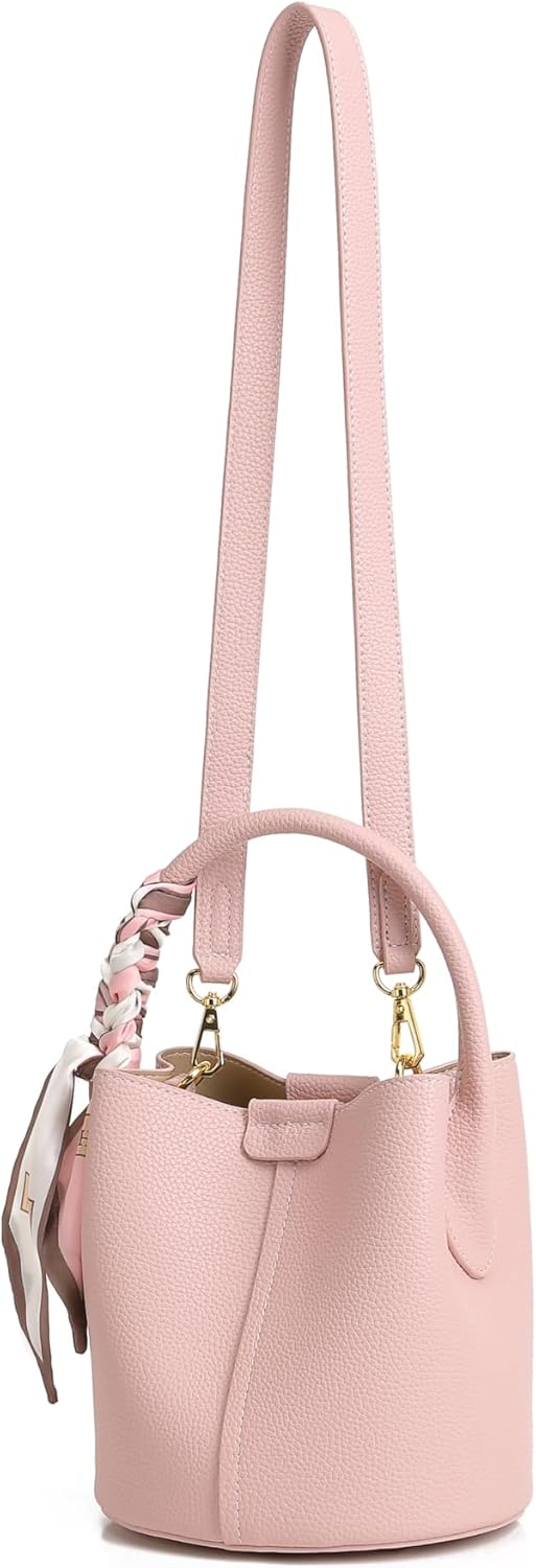 Women's small crossbody bag made of synthetic leather, mini bucket style shoulder bag with scarf, detachable shoulder strap - Image 7