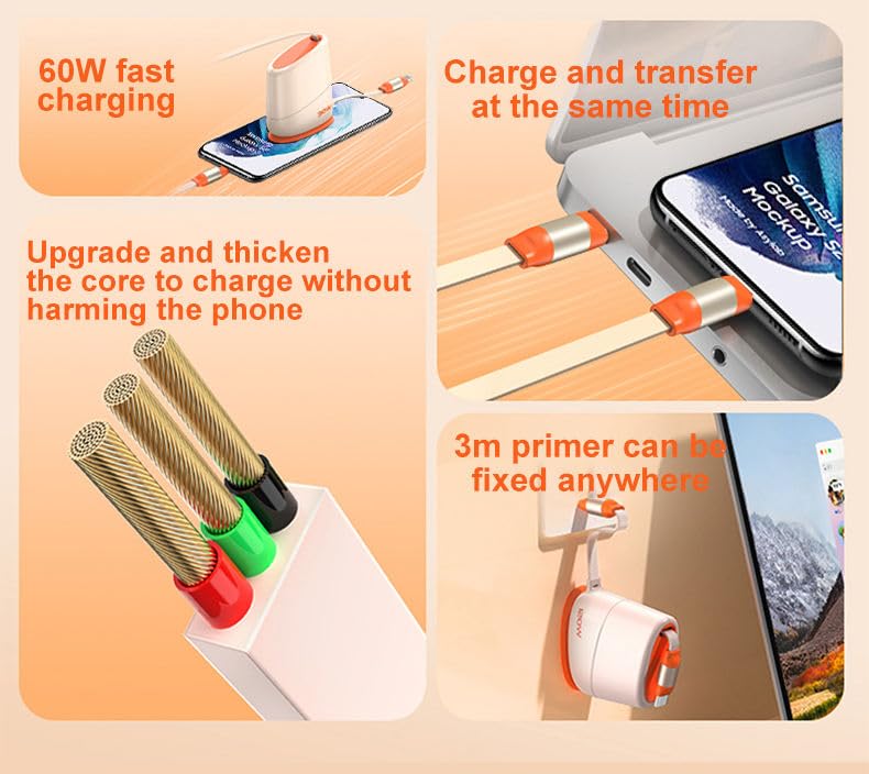 Image of Off White Desktop Retractable Single Pull Fast Charging Cable USB-C to USB-C - Tangle-Free 1.2m Cord for Android, Samsung, Laptops | Premium Desk Organizer