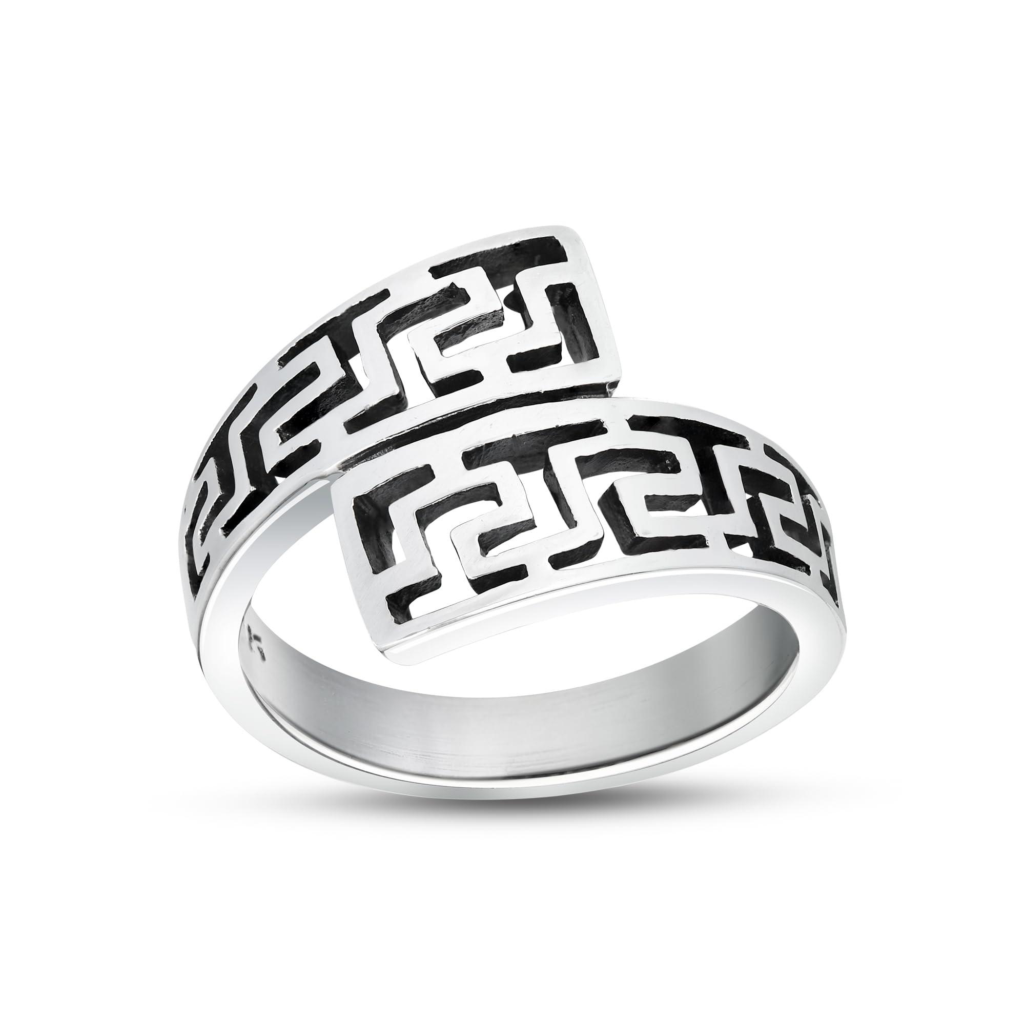 925 Sterling Silver Twist Wrap Greek Key Ring – Meander Pattern Open Band Jewelry for Women – Lightweight Statement Design Symbolizing Unity and Eternity – Comfortable for Daily Wear