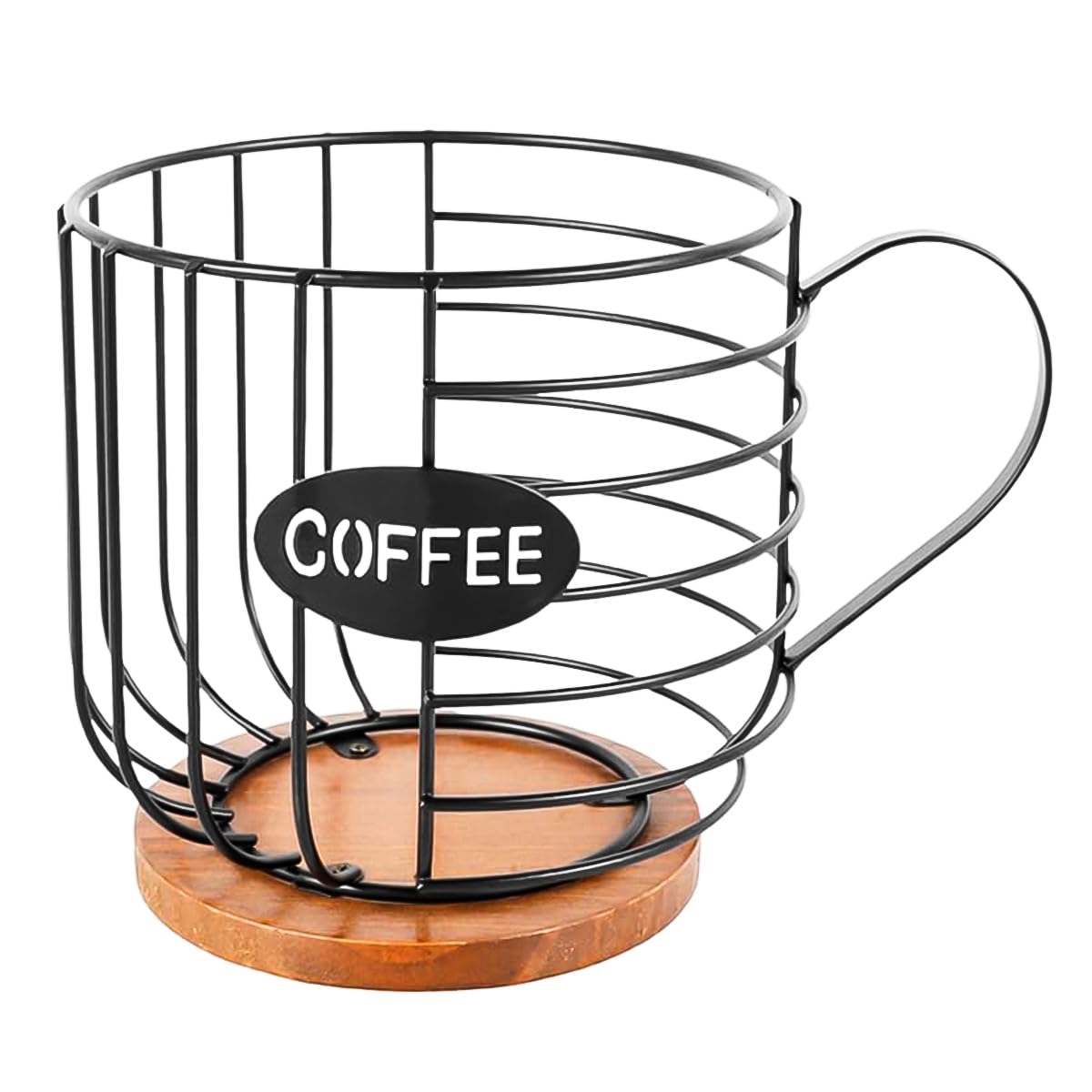 Sarini Organizer per cialde da caffè, Porta Capsule da caffè, Grande capacità, Cestino portaoggetti in Filo Nero con Base in Legno per Cucina e Ufficio