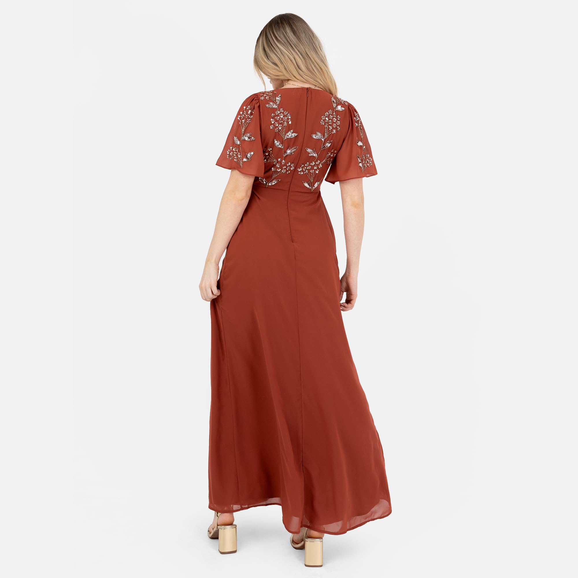 Maya Deluxe Women's Maxi Dress Ladies V-Neck Short Angel Sleeve Lentejuelas Embellished Ruffles Side Split A-Line Evening Ball Gown Mujer
