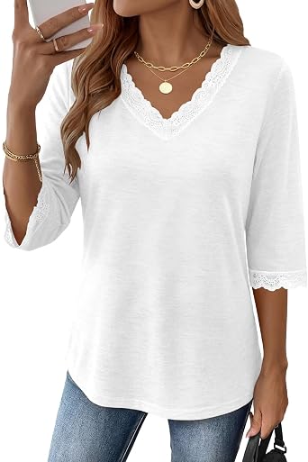 Womens Tops 3/4 Length Sleeve Lace V Neck T-shirt Dressy Casual Blouses Summer Outfits Beach Vacation Tunic Blouses