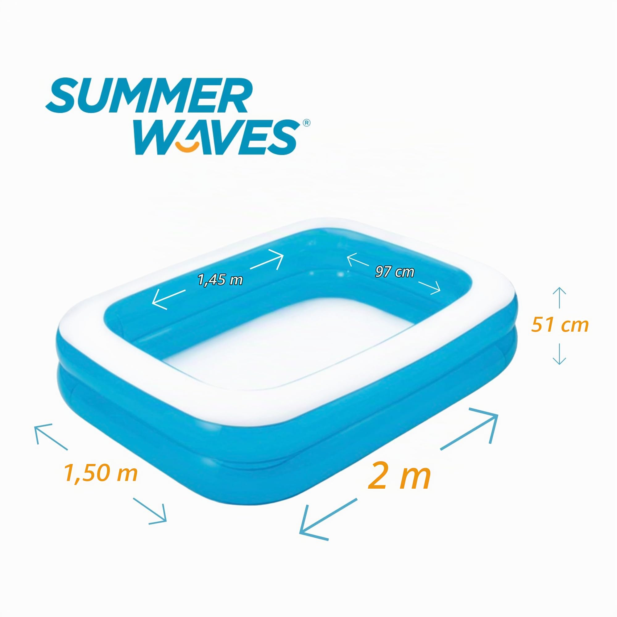 Summer Waves Pool, Aufblasbarer Pool, Familienpool, Gartenpool für Kinder, Rechteckiger Pool, 2 M x 1.50 M x 51 cm