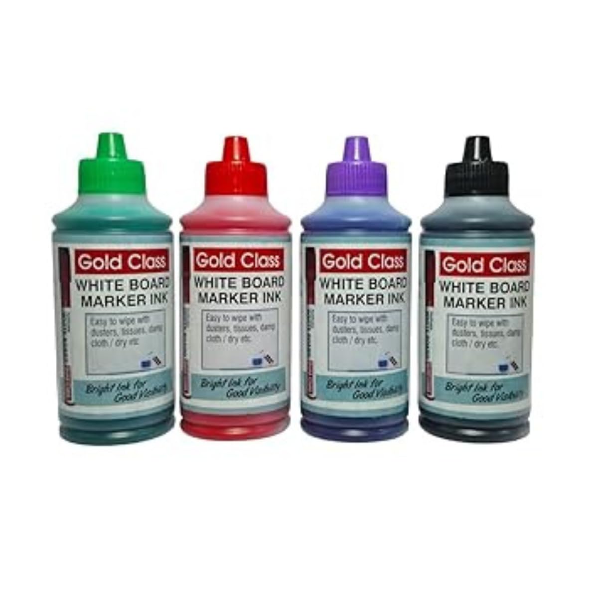 Gold Class Combo Pack of White Board Marker Ink 100ML | Easily refillable | Suitable for Multiple Surfaces | Office & School Stationery Set of 4 (Red, Black, Blue, Green)