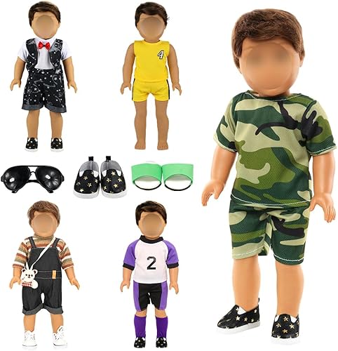 Miniatura 7 de BARWA Ropa de muñeca de niño, 5 juegos de ropa de muñecas para niños, 2 pares de zapatos, 1 par de gafas compatibles con traje de muñeca de 18