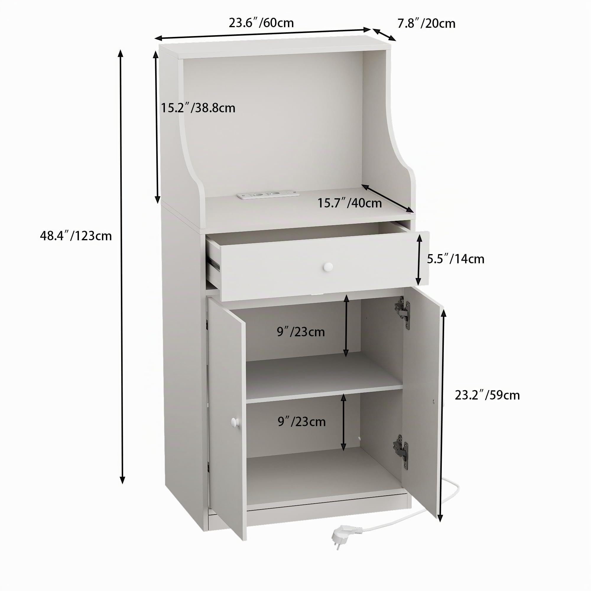 Küchen Möbel Küchenschrank Buffetschrank mit Steckdose und LED-Lichtleiste Küche Sideboard mit 1 Schubladen 1 Großer Schrank und Mikrowellenregal 60x 40x123 cm Anrichte für Esszimmer, Wohnzimmer Weiß