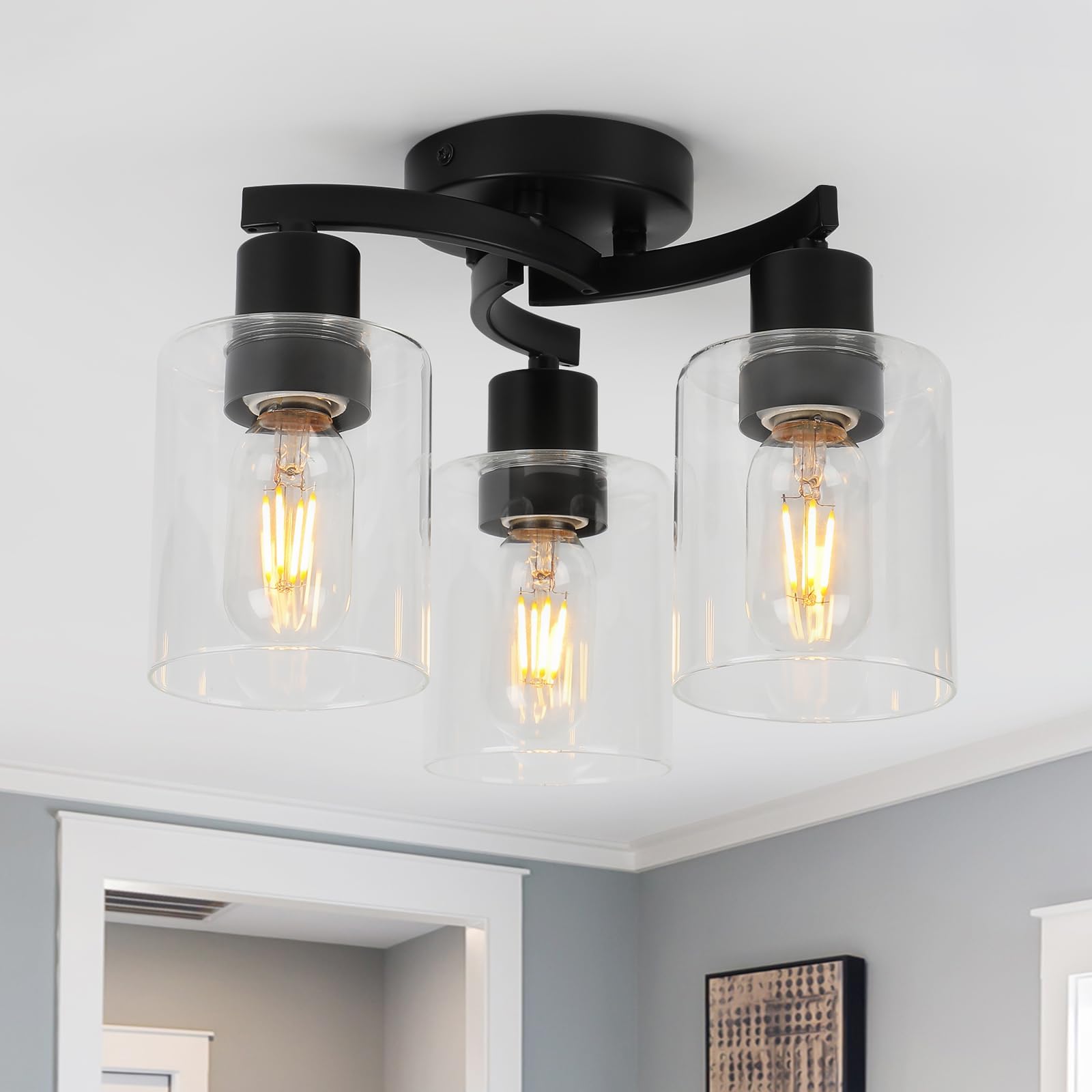 WILON Black Flush Mount Ceiling Light Farmhouse Kitchen Lighting Fixtures Ceiling Mount 3-Light Clear Glass Semi Flush Mount