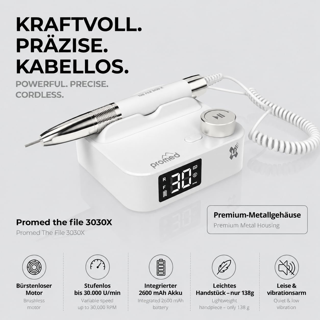 Promed The File 3030-X Akku-Nagelfräser 30.000 U/min – Profi Maniküre Pediküre Set, kabellose Nagelfeile elektrisch, Fußpflege Set elektrisch, Fräser Nägel - mit Brushless-Motor, USB-C, LCD-Display