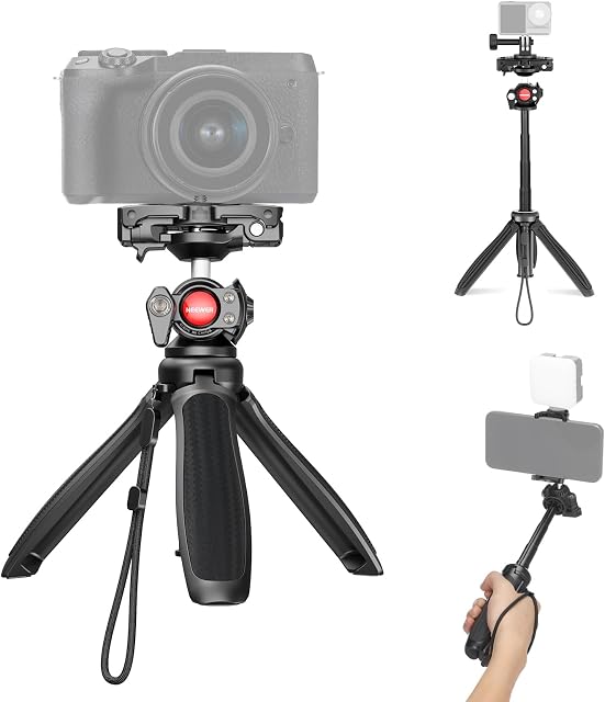 NEEWER TP38 Phone Camera Tripod, 15" Extendable Selfie Stick Metal Tripod Stand with Phone Holder, Action Camera Adapter Compatible with Hero 12 11 10 9, 360° Ball Head Travel Tripod for Vlogging