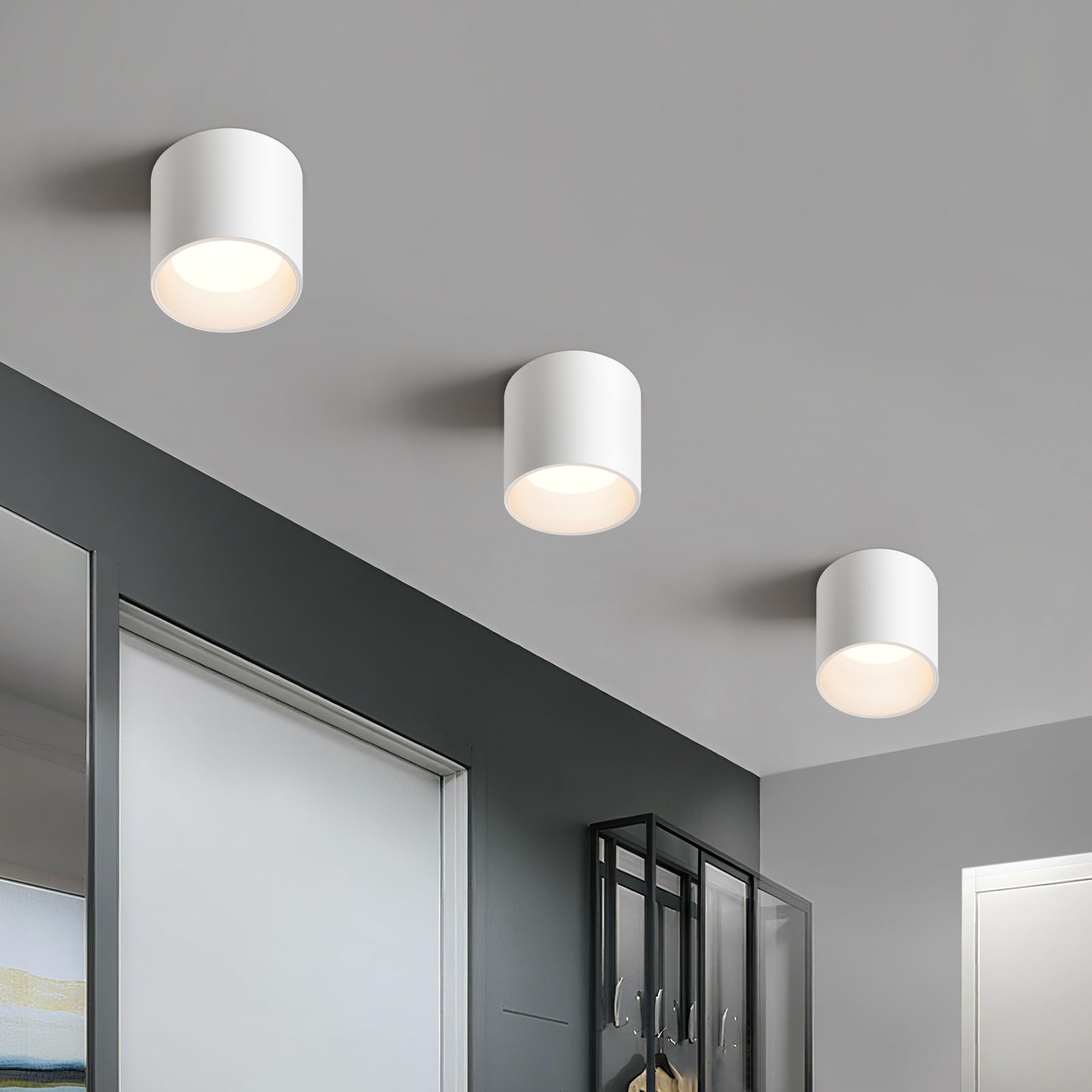 Photo 1 of OKELI White Hallway Flush Mount Ceiling Light Fixtures for Kitchen Entryway, Modern LED Dimmable Close to Ceiling Lighting, 4.6'' Cylinder Ceiling Lamps for Dining Room Living Room, 20W 4000K 3 Pack