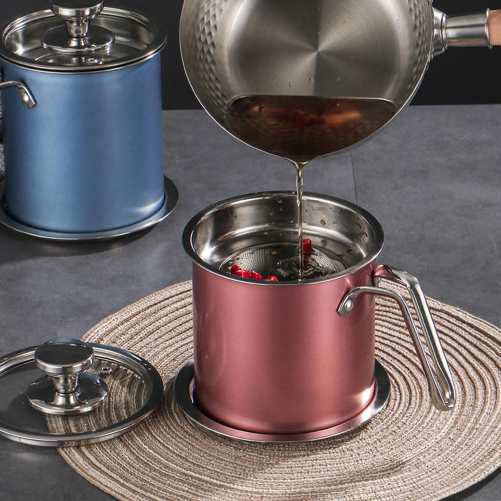 Contenitore per filtro dell'olio in acciaio inossidabile con filtro a rete, dispenser per olio d'oliva, contenitore multiuso per salsa di soia, aceto, manico per versare facilmente il vino (1,8 l,