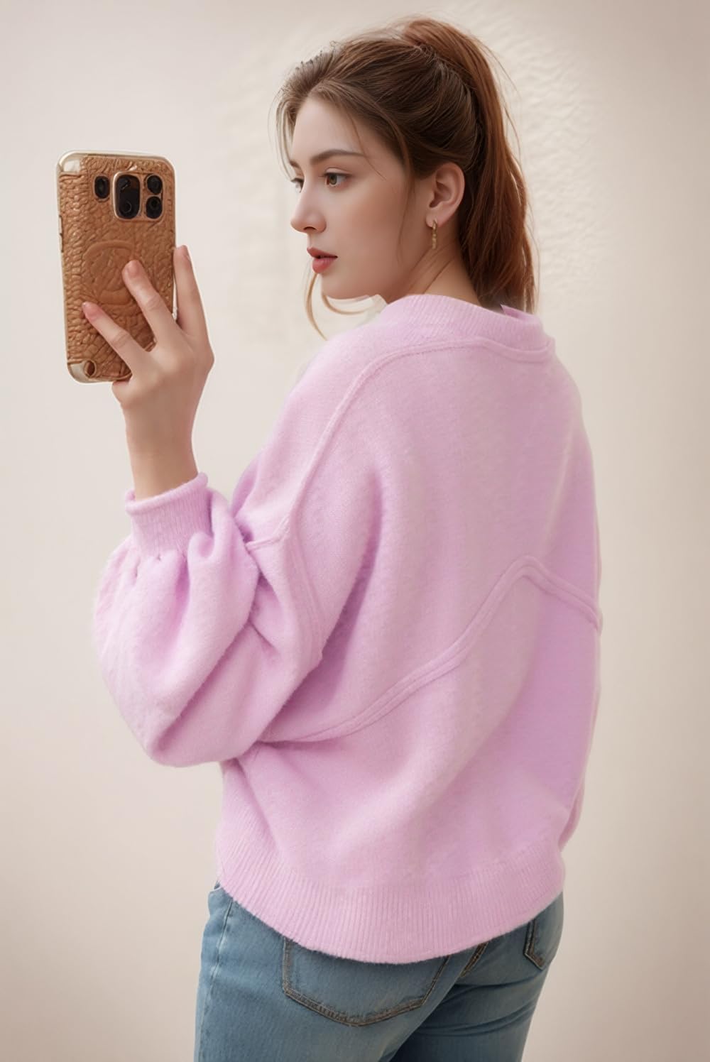 Women's Oversized Sweaters 2025 Fall Winter Casual Tops Lantern Long Sleeve Mock Neck Knit Pullover Sweaters with Pockets - Image 3