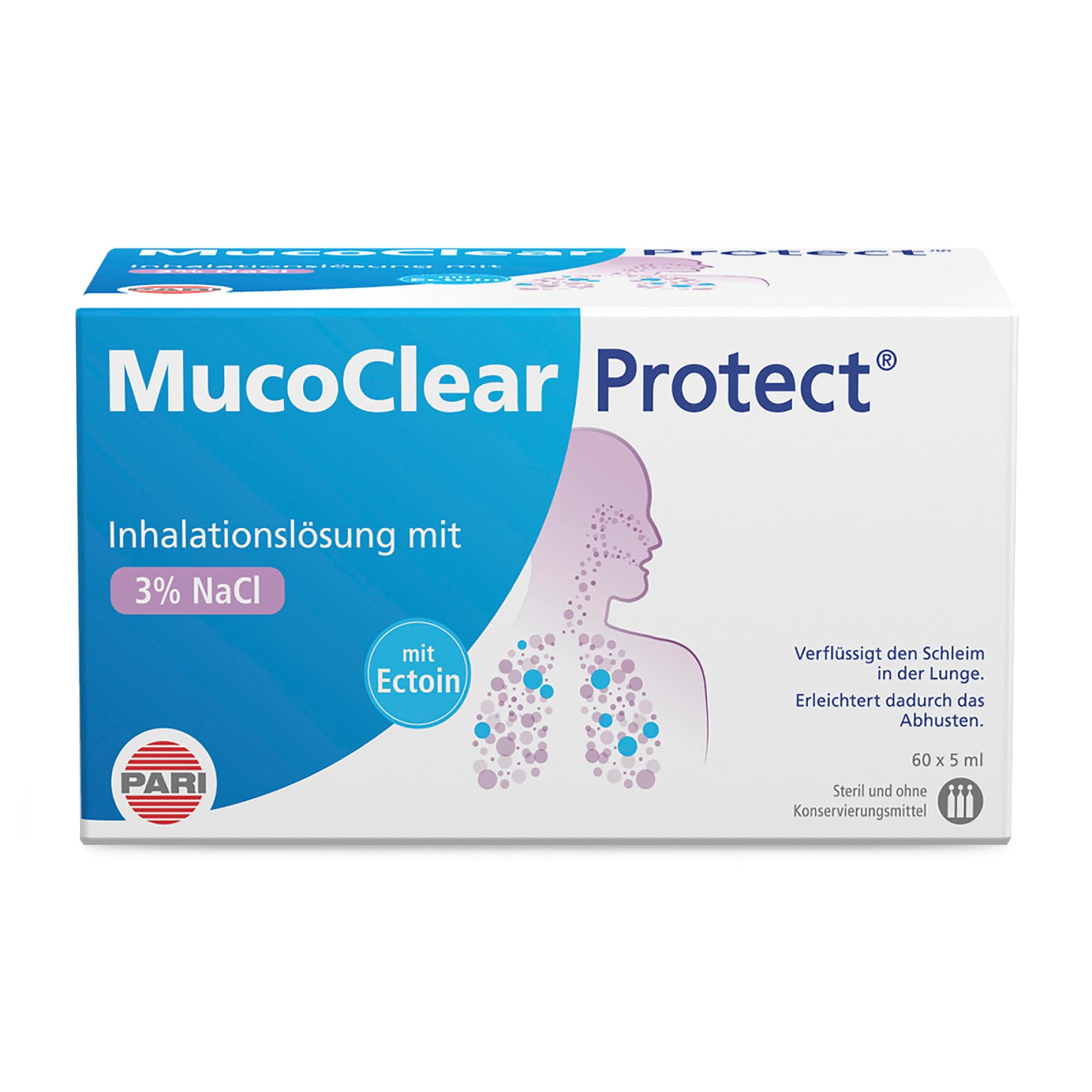 PARI MucoClear Protect 3% NaCl Inhalation Solution with Ectoin - Hypertone Saline Solution for Inhaling - for Children and Adults - 60 Ampoules of 5 ml - Sterile, No Preservatives