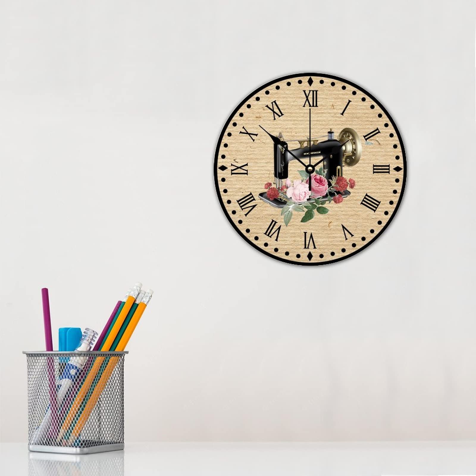 Wooden Wall Clock Battery Operated Non Ticking Sewing Machine Rose Rustic Wall Clocks Sewing Nook Craft Room Home Decoration for Washroom Kids Room Cabin 10 Inch