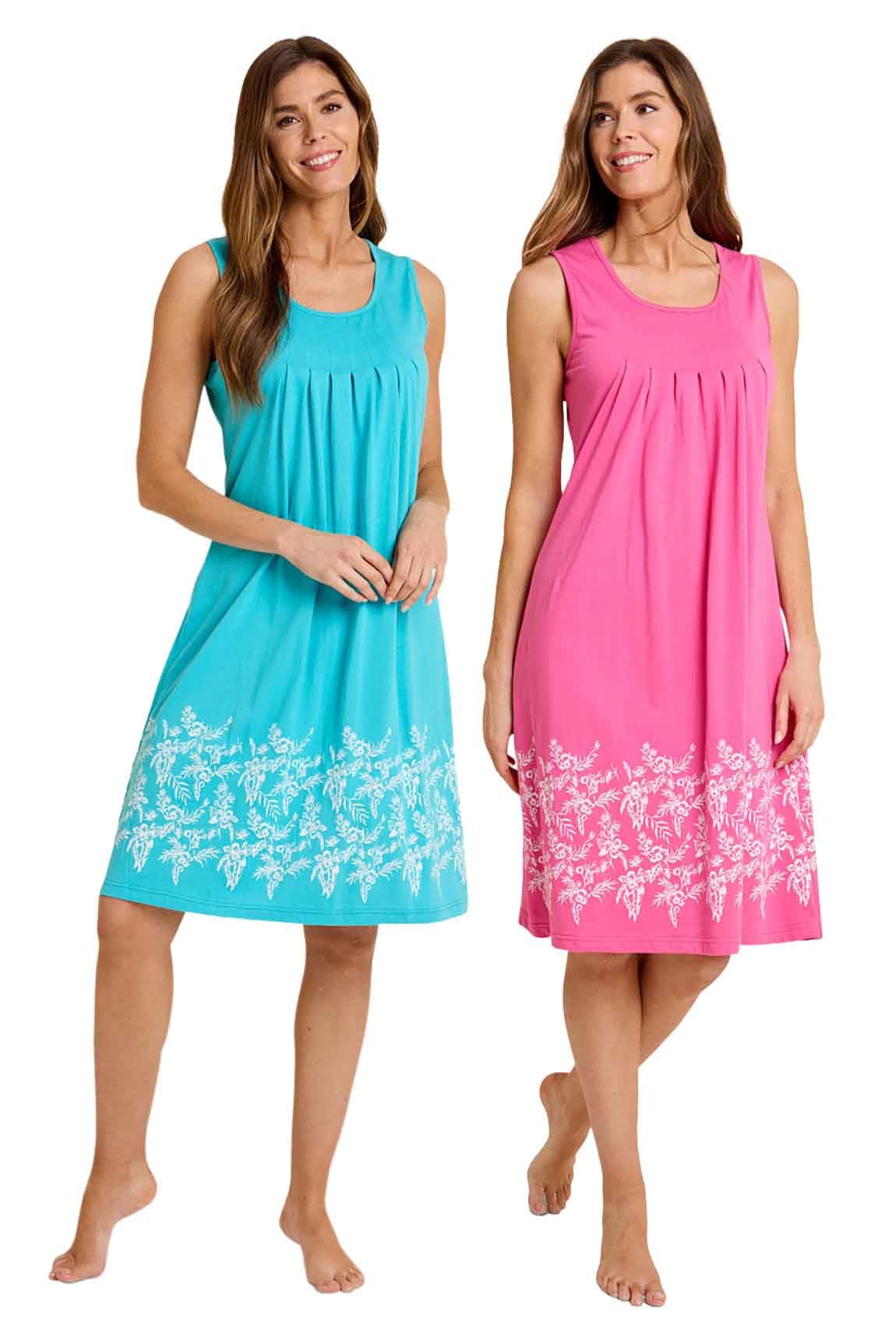 Chums Ladies Sleeveless Nightdress with Bottom Print Pack of 2 Cerise and Turquoise 24-26