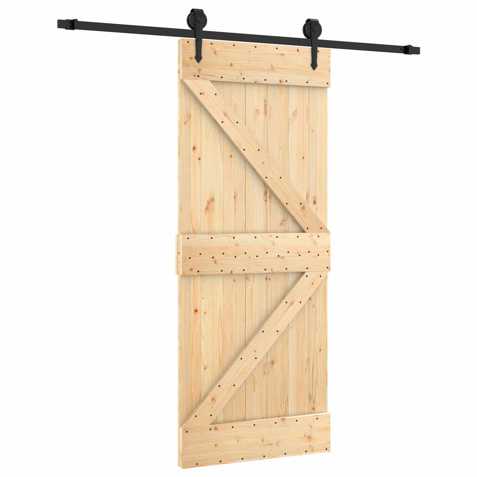 Nowoczesne drzwi przesuwne z litego drewna sosnowego, 85 x 210 cm, naturalne i czarne, z malowanymi proszkowo stalowymi szynami i zajmującą niewiele miejsca konstrukcją dla płynnych przejść