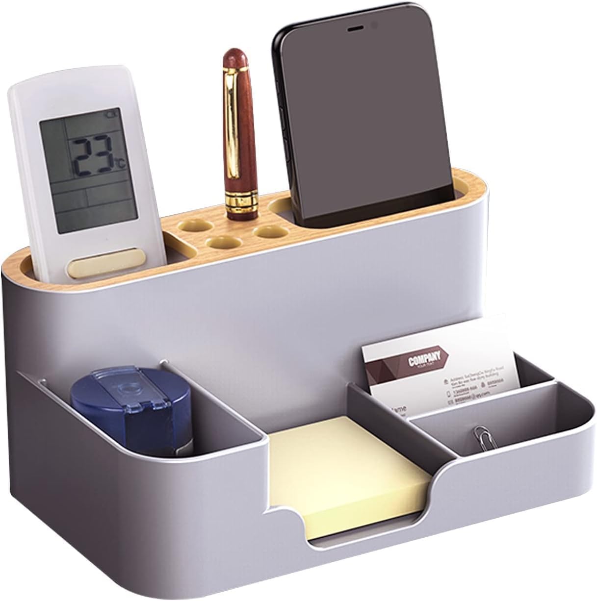 Desk Organizer Stationary Storage Holders Pen-Pencil, Sticky Note, Mobail, Remote, visiting card, Paperclip stand Multi-Functional Study Table Desk Accessories Stand for Home/Office - White