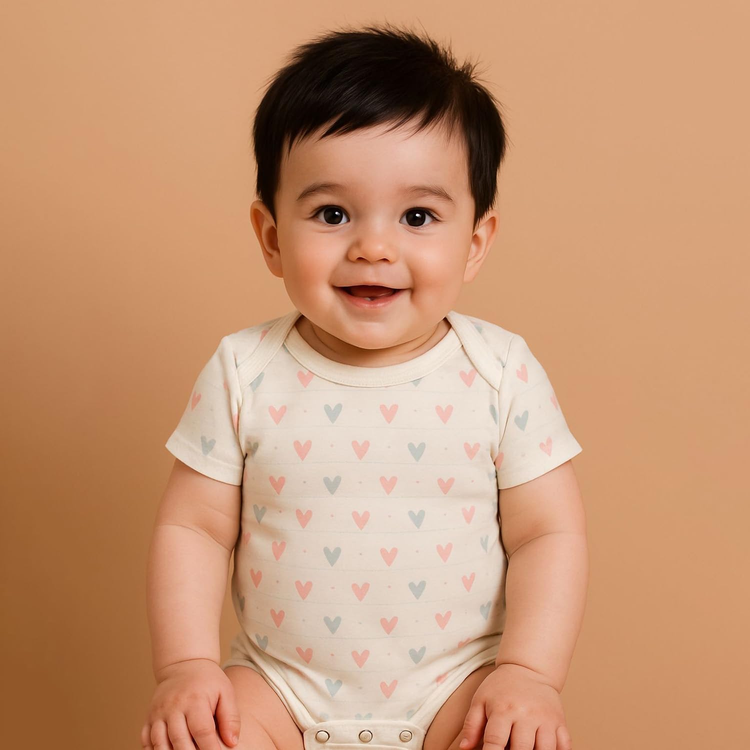 MOM'S HOME Organic Cotton Baby Half Sleeve Onesie | Pack of 2 (Little Hearts & Pink, 3-6 Months)