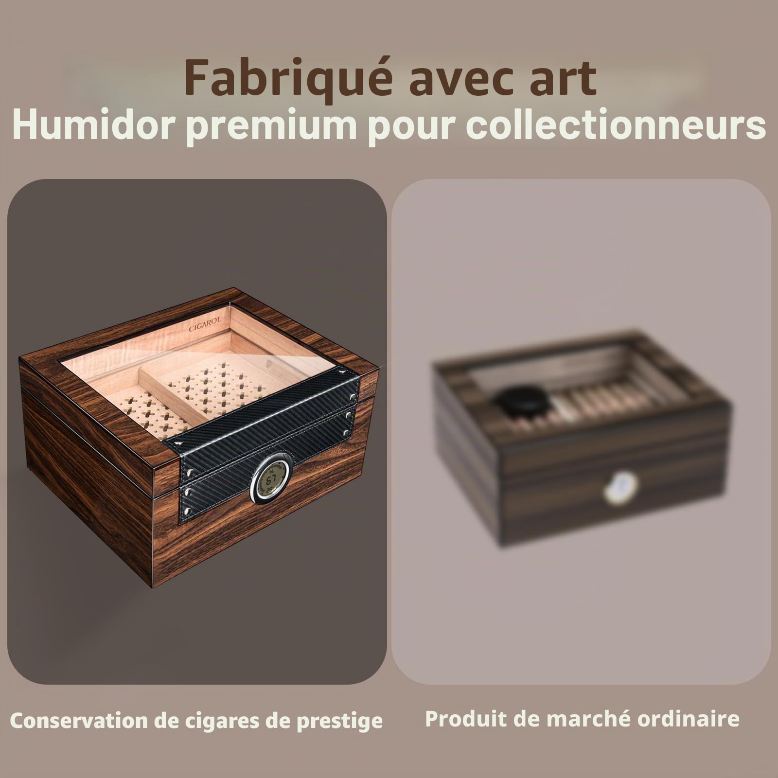 Boîte a Cigare de Luxe, Cave à Cigare en Cèdre Espagnol Capacité 70 Cigare Cubain, Humidor Cigares avec Hygromètre, Humidificateur Cigares, Plateau détachable, Superbe Cadeau pour Hommes