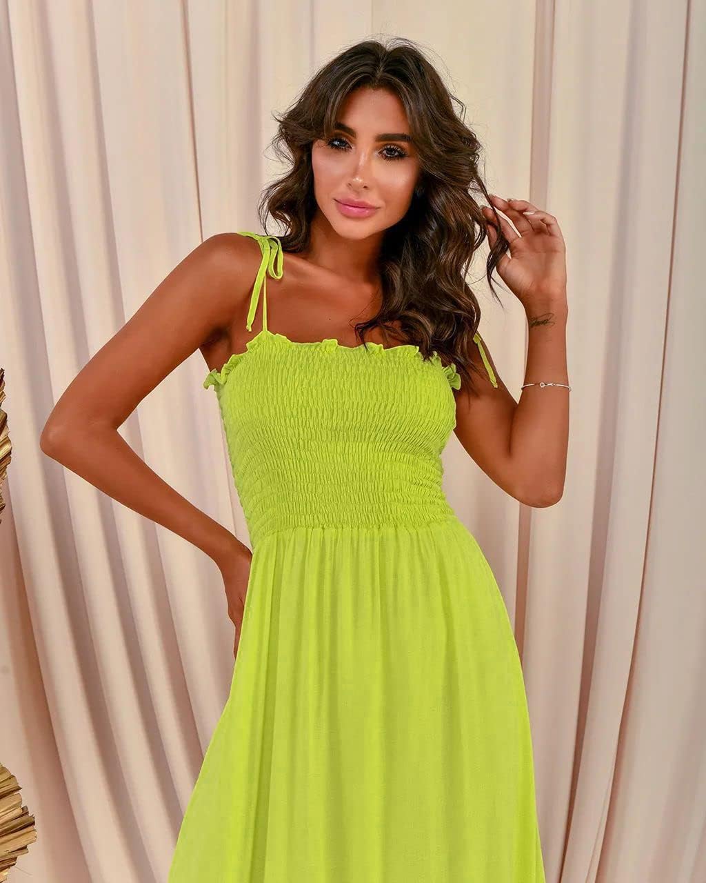 kinstell Women's 2026 Summer Casual Boho Sleeveless Spaghetti Strap Smocked Square Neck Ruffle A Line Beach Long Maxi Dress