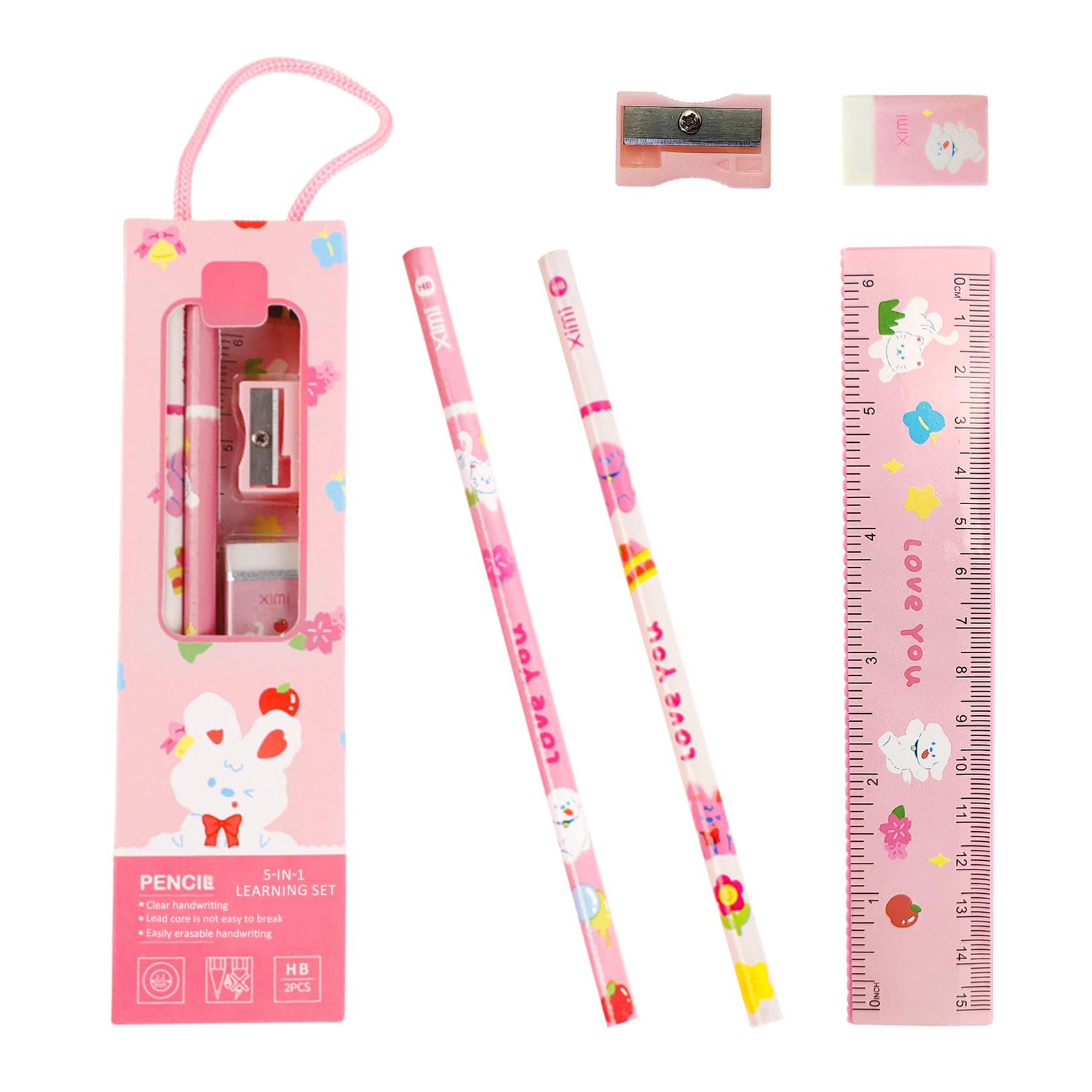 Kit De Papier à Lettre Décoratif Pour La Rentrée Des Classes, 2 Crayons En Bois + 1 Règle En Plastique + 1 Gomme + 1 Taille-crayon, Stylo De Sac D' écolier, Cadeau D'anniversaire