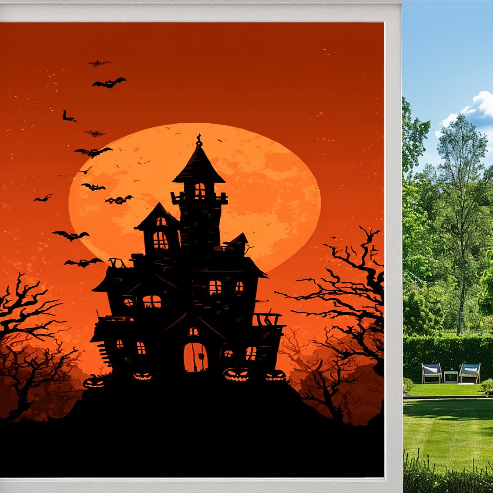 Horror Pumpkin Stained Glass Window Film, Halloween Moon Castle Peel and Stick Privacy Film, Frosted Adhesive Vinyl Decorative for Bathroom Windows Glass Doors, （50x100cm）