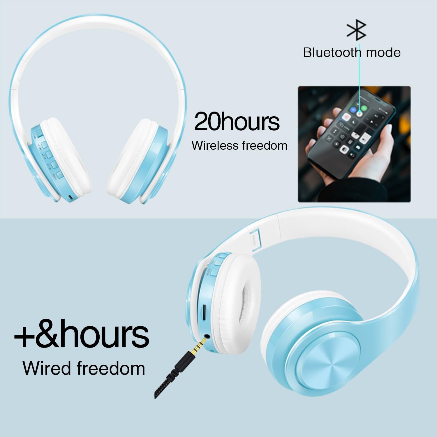 RAT TAIL Auriculares Bluetooth V5.0 sobre la oreja, plegables, inalámbricos y estéreo con cable, micro SD/TF, FM para teléfono celular, PC, orejeras suaves y ligeros para un uso prolongado (azul)