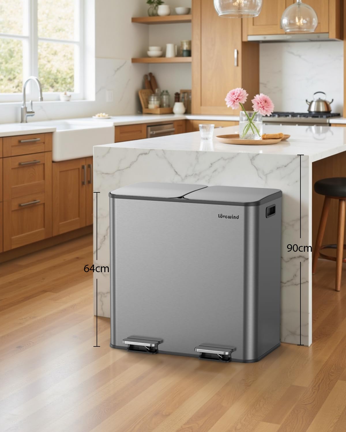 lovewind Mülleimer, 2 x 40L Mülleimer Küche, Doppeleimer für Recycling und Abfall, Silber, Mülleimer aus Edelstahl mit Deckel und Inneneimern, Großes Fassungsvermögen, Deckel mit Soft-Close-Funktion