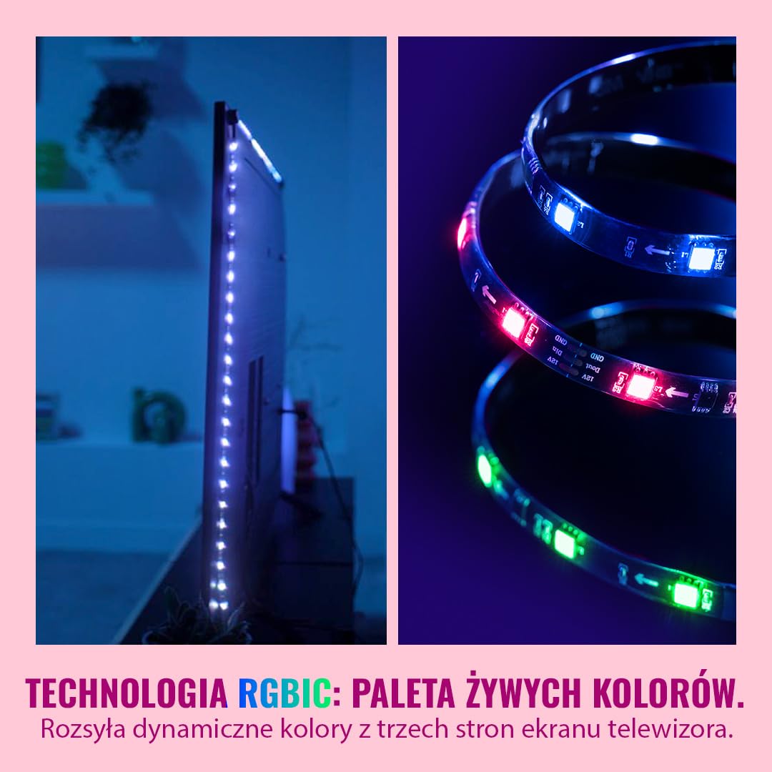 WiZ HDMI Sync Box z taśmą LED do TV, Synchronizuje światło z filmami, HDMI 2.0 Obsługuje 4K przy 60 Hz, Taśma LED RGBIC do telewizorów 55-65 cali, Sterowanie Aplikacją/Głosowe, Działa z Google i Alexą