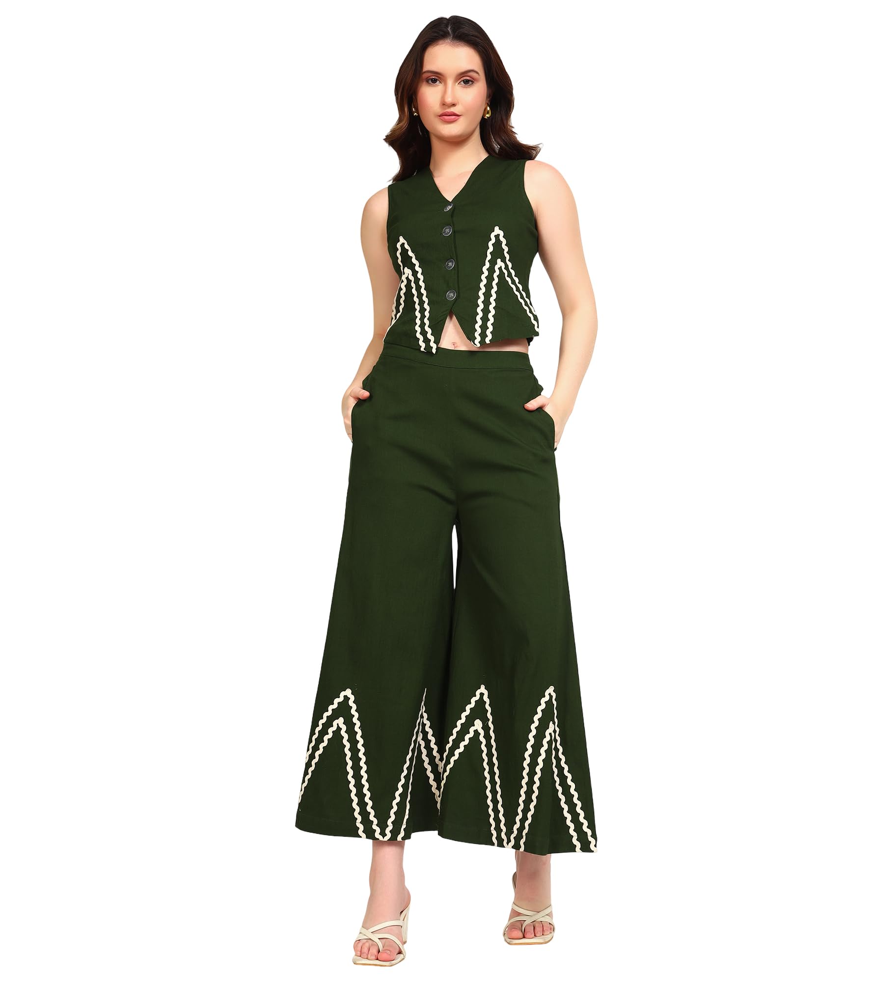 Solid Viscose Lycra Waistcoat with Bell Bottom Pants Co-Ord Set for Women's|V-Neck Sleeveless Fit & Flare Stylish Summer Western Casual Wear Ladies Trendy Cord Set