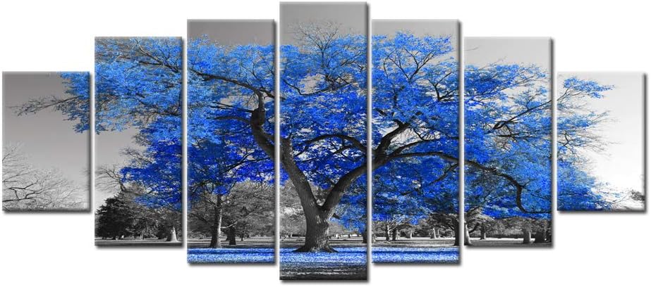 KREATIVE ARTS Extra Large Canvas Artwork for Home Walls 7 Pieces Canvas Wall Art Blue Tree Landscape Black and White Picture Prints Framed and Stretched Painting Wall Decoration