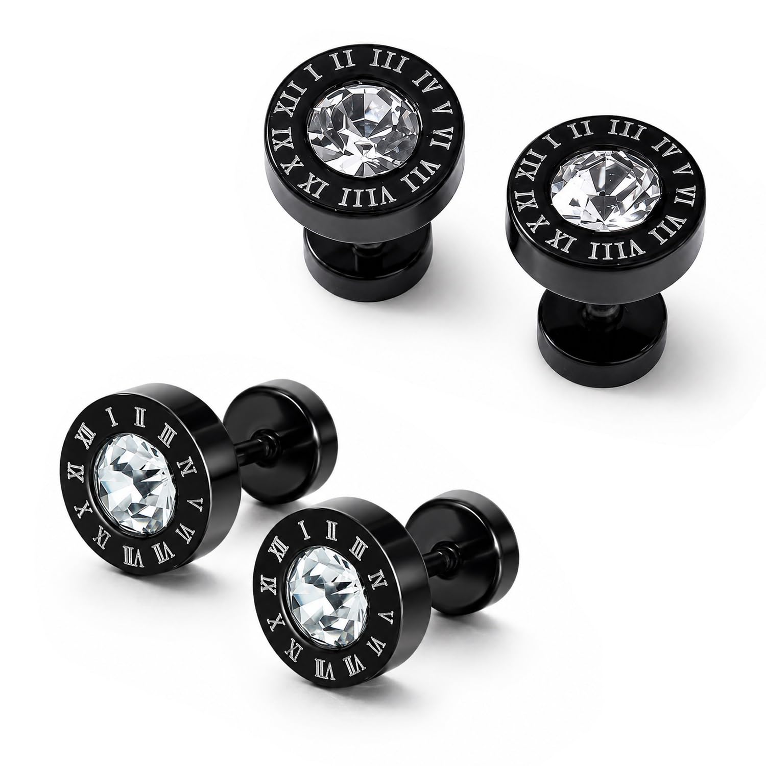 2 Pair Black Roman Numeral With Crystal Stone Anti-Tarnish Round Stud Earrings-picture-27