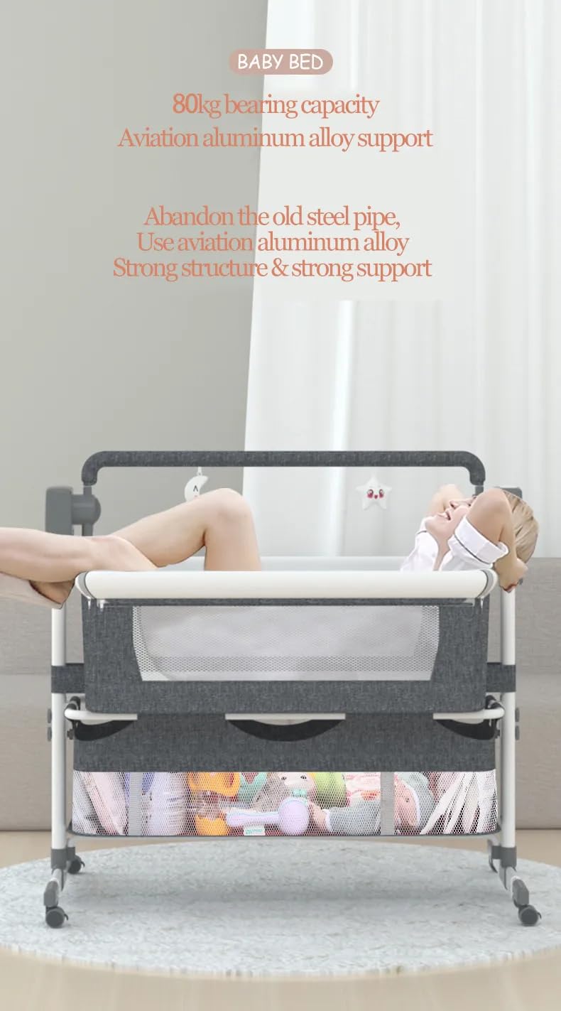Cuna Colecho Bebe Eléctrica Smart con Bluetooth, Música, Cuna Colecho Plegable y Convertible, Cama Ajustable para Recién Nacidos con Remoto, Cesta de Almacenamiento y Ruedas (Gris Medio)